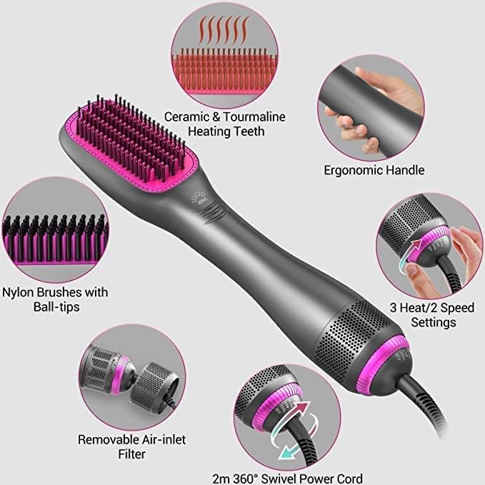 EzzA 3 in 1 Hair Dryer Brush & Hair Straightener Brush, Professional 1200W Powerful Ceramic Tourmaline Ionic Hot Air Brush