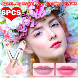 Pack of 6 Crystal Flower Jelly Lipstick, FirstFly Long Lasting Nutritious Lip Balm Lips Moisturizer Magic Temperature Color Change Lip Gloss (Pink)